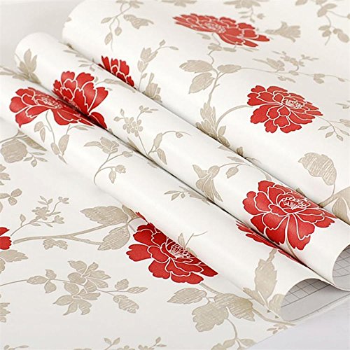 Yifely Red Peony Peel & Stick Shelf Liner Removable Furniture Protective Paper for Covering Media Storage TV Stand Closet 17.7 Inch by 13 Feet