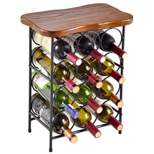 jollymer metal wine rack end table, freestanding floor bottles organizer & display shelf with solid wood table top, wine storage rack for kitchen dining living room, holds 12