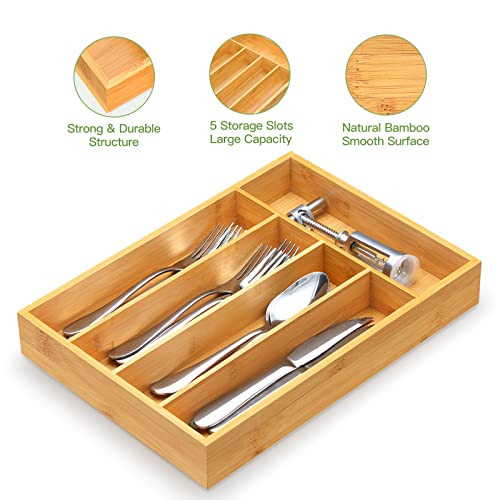 FURNINXS Kitchen Drawer Organizer Wooden Silverware Utensil Tray Holder with 5 Small Narrow Compartments for Cutlery Spoons Forks Knives Storage