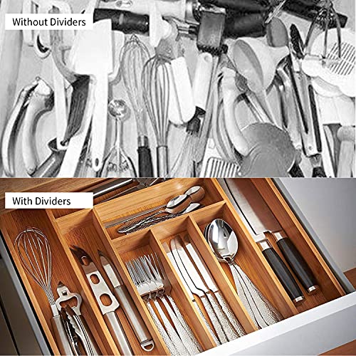 Utoplike 4 pcs Bamboo Kitchen Drawer Dividers(16.8-21.8IN) and Bamboo Cutlery Tray Silverware, Drawer Dividers for Kitchen Utensils