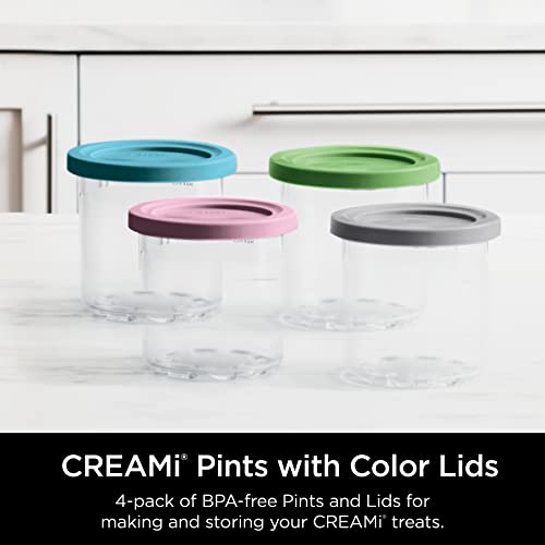 Ninja XSKPLD4BCD Pints 4 Pack, Compatible with NC299AMZ & NC300s Series Creami Ice Cream Makers, BPA-Free & Dishwasher Safe, Color Lids, 1, Clear/Grey/Lime/Pink/Acqua