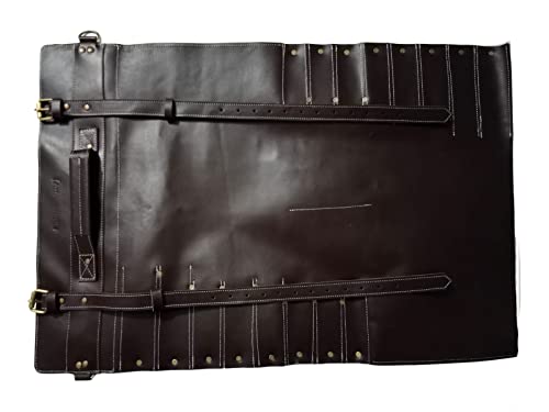 Professional Chef Genuine Premium Cowhide Leather Chef Knife Bag/Knife Roll 16 Pockets Space #F15 (Dark Brown)