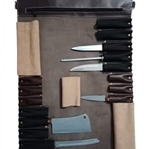 Professional Chef Genuine Premium Cowhide Leather Chef Knife Bag/Knife Roll 16 Pockets Space #F15 (Dark Brown)