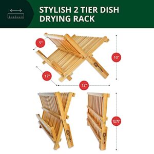 ROYAL CRAFT WOOD Bamboo 2 Tier Dish Drying Rack - Collapsible Dish Drainer Utensil Rack and Best Dish Holder for Kitchen Countertop