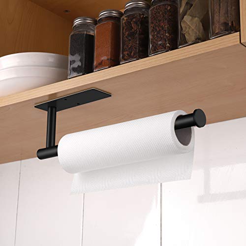 Paper Towel Holder - Self Adhesive or Drilling, Under Cabinet Black Paper Towel Rack, SUS304 Stainless Steel Wall Mount Towel Paper Holder for Kitchen, Pantry, Sink, Bathroom