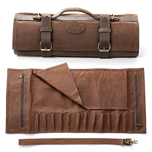 XINZUO Chef Knife Roll Bag-Professional Chef Knife Case-16oz Waxed Canvas and Crazy Horse Leather -With 12 Slots Plus 2 Zipper Pockets to Hold Kitchen Cooking Tools-Travel Tool Roll Pouch(Bag Only)