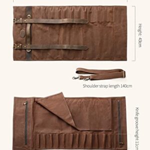 XINZUO Chef Knife Roll Bag-Professional Chef Knife Case-16oz Waxed Canvas and Crazy Horse Leather -With 12 Slots Plus 2 Zipper Pockets to Hold Kitchen Cooking Tools-Travel Tool Roll Pouch(Bag Only)