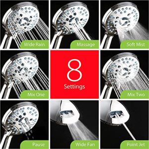 AquaCare High Pressure 8-mode Handheld Shower Head - Anti-clog Nozzles, Built-in Power Wash to Clean Tub, Tile & Pets, Extra Long 6 ft. Stainless Steel Hose, Wall & Overhead Brackets