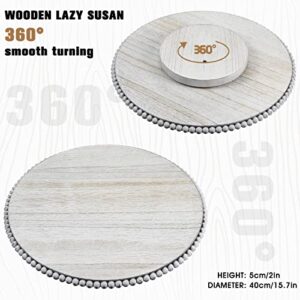 16" Beaded Lazy Susan Wooden Kitchen Turntable 360 Degrees Rotating Table Spinner Tray Round Kitchen Organizer Farmhouse Lazy Susan for Table Cabinet Spice Pantry Counter Storage Organization (White)