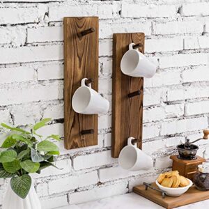 MyGift Wall Mounted Wooden Mug Rack - 3 Hook Rustic Burnt Wood Teacup Mug Storage Organizer, Set of 2