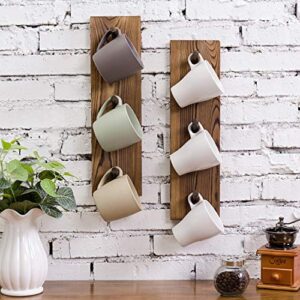 MyGift Wall Mounted Wooden Mug Rack - 3 Hook Rustic Burnt Wood Teacup Mug Storage Organizer, Set of 2