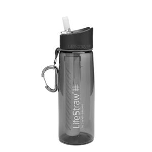 lifestraw go water filter bottle with 2-stage integrated filter straw for hiking, backpacking, and travel, grey, model:lsgov2cr44
