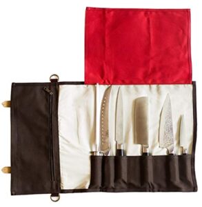 chef’s knife roll bag | extra thick, heavy duty, durable waxed canvas w/cotton liner | stores 8 knives plus zipper pocket | portable chef knife case with leather shoulder strap | knives not included