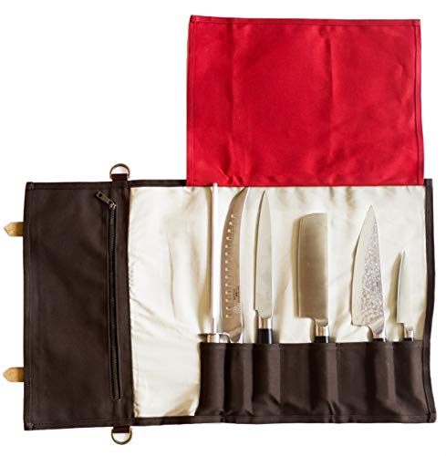 Chef's Knife Roll Bag | Extra Thick, Heavy Duty, Durable Waxed Canvas w/Cotton Liner | Stores 8 Knives plus Zipper Pocket | Portable Chef Knife Case with Leather Shoulder Strap | Knives Not Included