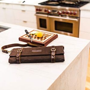 Chef's Knife Roll Bag | Extra Thick, Heavy Duty, Durable Waxed Canvas w/Cotton Liner | Stores 8 Knives plus Zipper Pocket | Portable Chef Knife Case with Leather Shoulder Strap | Knives Not Included