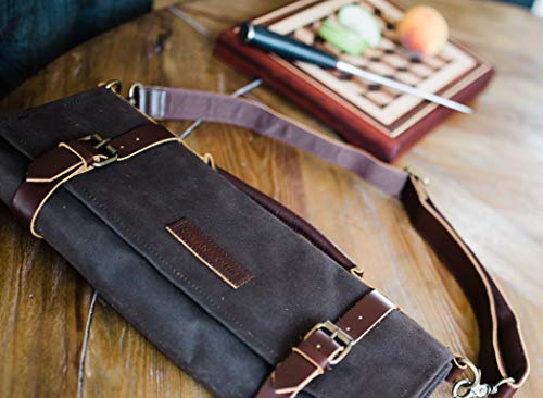 Chef's Knife Roll Bag | Extra Thick, Heavy Duty, Durable Waxed Canvas w/Cotton Liner | Stores 8 Knives plus Zipper Pocket | Portable Chef Knife Case with Leather Shoulder Strap | Knives Not Included