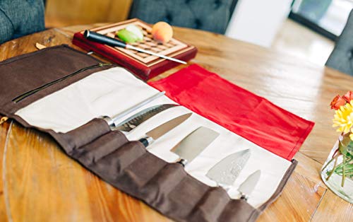 Chef's Knife Roll Bag | Extra Thick, Heavy Duty, Durable Waxed Canvas w/Cotton Liner | Stores 8 Knives plus Zipper Pocket | Portable Chef Knife Case with Leather Shoulder Strap | Knives Not Included