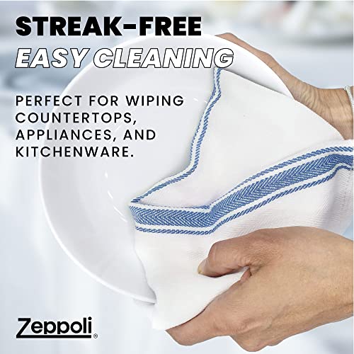 Zeppoli Classic Kitchen Towels - 15 Pack - 14" x 25" - 100% Natural Cotton Kitchen Dish Towels - Reusable Cleaning Cloths - Blue Tea Towels - Super Absorbent - Machine Washable Hand Towels