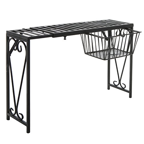 MyGift Black Metal Over The Sink Organizer Shelf with Pull Out Drawer, Expandable Kitchen Caddy Rack, Bathroom Storage Shelf Riser with Scrollwork Design