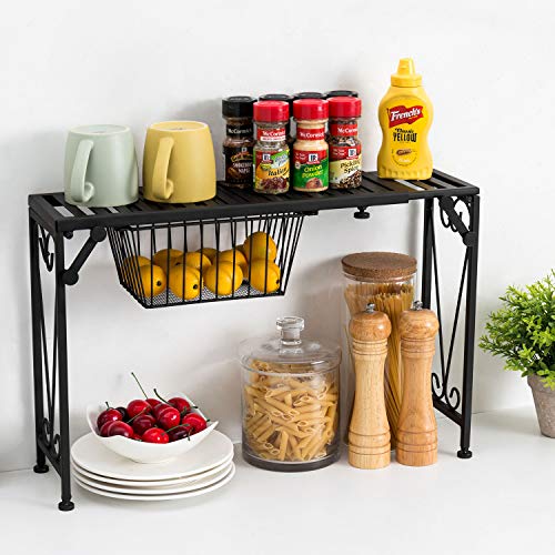 MyGift Black Metal Over The Sink Organizer Shelf with Pull Out Drawer, Expandable Kitchen Caddy Rack, Bathroom Storage Shelf Riser with Scrollwork Design