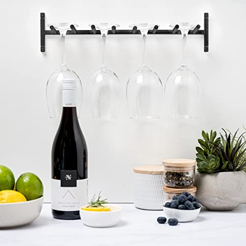 Wine Glass Rack, Wall Mounted Wine Glass Rack, Under Cabinet Stemware Rack for Kitchen, Wine Glass Holder Glasses Storage Hanger Copper Hanging 4 Wine Glasses with Class by Wanda Living - Black