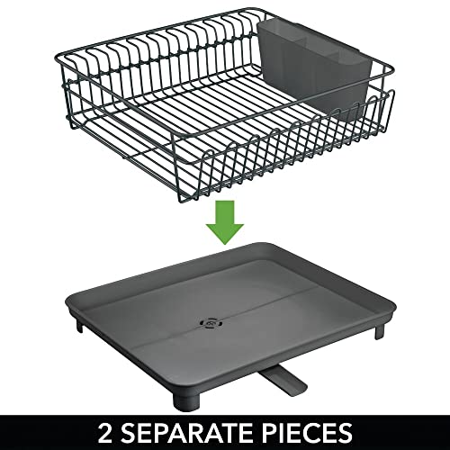 mDesign Large Metal Kitchen Countertop, Sink Dish Drying Rack - Removable Plastic Cutlery Tray, Drainboard with Adjustable Swivel Spout - 3 Pieces - Black/Charcoal Gray