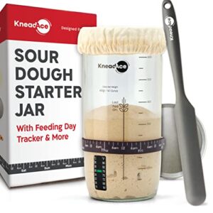 kneadace sourdough starter jar with date marked feeding band, thermometer, sourdough jar scraper, sourdough container sewn cloth cover & metal lid, sourdough starter kit for sourdough bread baking