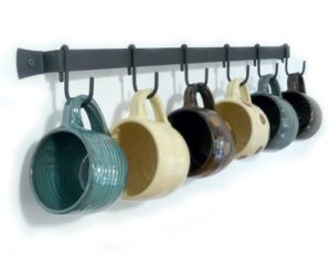 wall-mounted wrought iron mug rack, 24″ with 6 cup hooks, made in usa