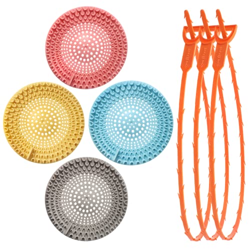 Drain Hair Catcher Drain Clog Remover, 7pcs Bathroom Accessories Set, 4 Durable Silicone Shower Hair Drain Catcher, 3 Drain Snake Hair Remover 25in, Cleaner Sink Stopper for Tub Bathtub and Kitchen