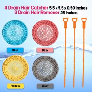 Drain Hair Catcher Drain Clog Remover, 7pcs Bathroom Accessories Set, 4 Durable Silicone Shower Hair Drain Catcher, 3 Drain Snake Hair Remover 25in, Cleaner Sink Stopper for Tub Bathtub and Kitchen