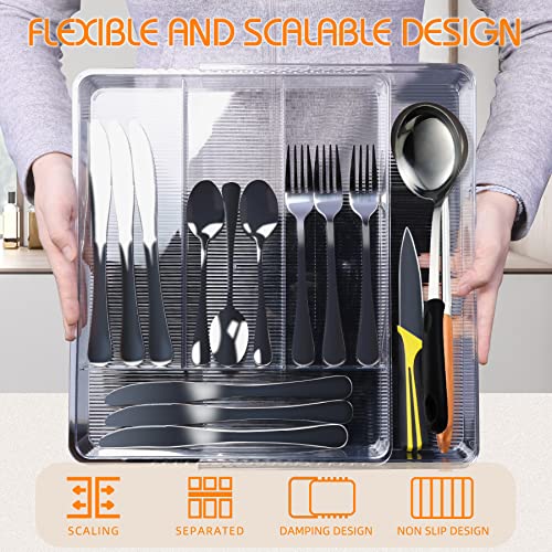 KAKUNM Utensil Organizer | Large Plastic Silverware Adjustable Utensil Organizer for Kitchen Divided Drawer Storage, Multi-Purpose Organizer Silverware Tray for Office, Bathroom, Cabinet, Clear