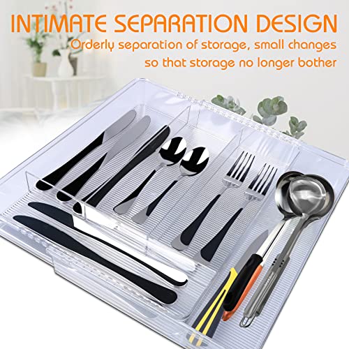 KAKUNM Utensil Organizer | Large Plastic Silverware Adjustable Utensil Organizer for Kitchen Divided Drawer Storage, Multi-Purpose Organizer Silverware Tray for Office, Bathroom, Cabinet, Clear