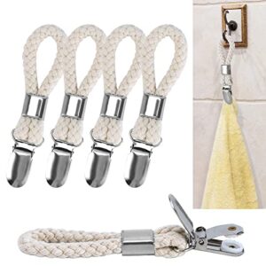 5 pack hanging tea towels clip,metal kitchen towels clips with hanging loop cloth hook clip hangers for home kitchen bathroom cupboards cloth hanger holder brackets-braided cotton loop