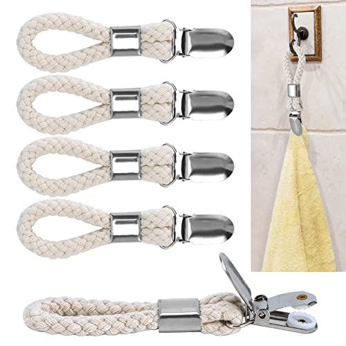 5 Pack Hanging Tea Towels Clip,Metal Kitchen Towels Clips with Hanging Loop Cloth Hook Clip Hangers for Home Kitchen Bathroom Cupboards Cloth Hanger Holder Brackets-Braided Cotton Loop