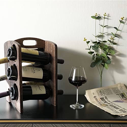 CONSDAN Wine Rack, Wine Racks Countertop, USA Grown Oak Wine Bottle Holder, Freestanding Countertop Wine Holder Stand, Portable 6 Bottles Wine Display Rack (Chocolate Color)