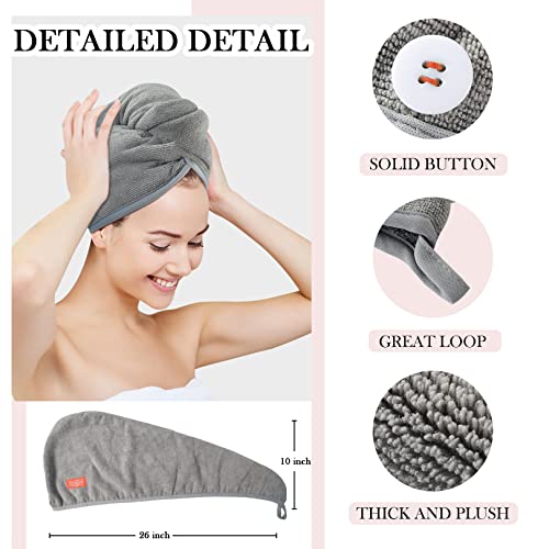 YoulerTex Microfiber Hair Towel Wrap for Women, 2 Pack 10 inch X 26 inch Super Absorbent Quick Dry Hair Turban for Drying Curly Long Thick Hair (Gray)