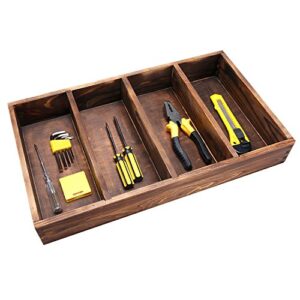 MyGift Burnt Wood Drawer Organizer Tray with 4 Slots, Multipurpose Utensil, Cutlery, Tools Wooden Bin