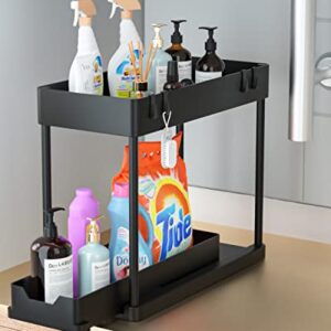 Gaclibl Under Sink Organizers and Storage, 2 Tier Under Cabinet Organizer with 4 Hooks Pull Out Under Sink Storage for Bathroom Kitchen Cabinet Counter Pantry, Black