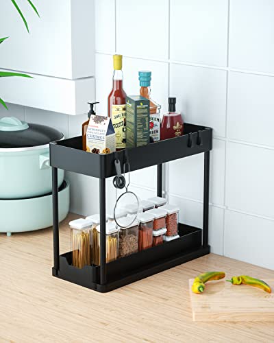 Gaclibl Under Sink Organizers and Storage, 2 Tier Under Cabinet Organizer with 4 Hooks Pull Out Under Sink Storage for Bathroom Kitchen Cabinet Counter Pantry, Black