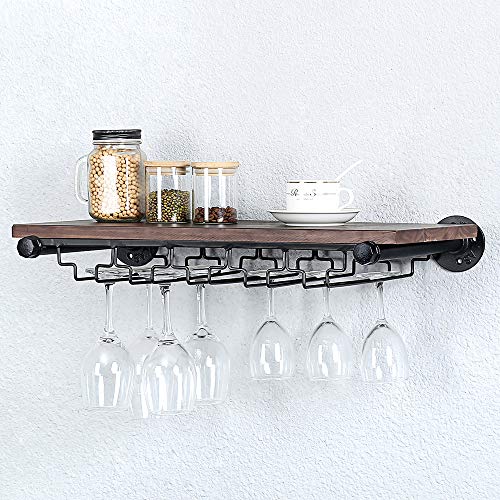 Industrial Pipe Shelving Hanging Stemware Racks,Rustic Wall Mounted Wine Rack with 5 Glass Holder,24in Steampunk Iron Floating Bar Shelves,Metal Real Wood Shelf Wall Shelf Stemware Holder