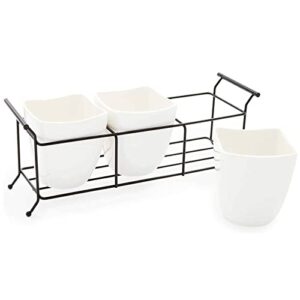 white ceramic utensil holder, flatware caddy with metal stand (13 x 4 x 5 in)