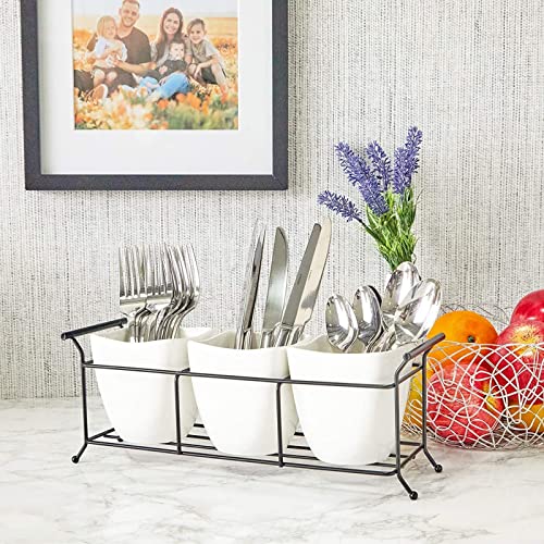 White Ceramic Utensil Holder, Flatware Caddy with Metal Stand (13 x 4 x 5 In)