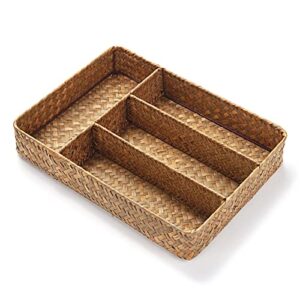 seagrass storage basket with compartments utensil tray for organization silverware flatware rectangular shelf baskets with 4 sections