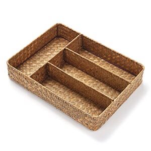 Seagrass Storage Basket with Compartments Utensil Tray for Organization Silverware Flatware Rectangular Shelf Baskets with 4 Sections