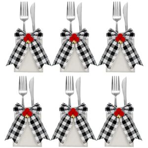 12 pieces christmas silverware holder burlap utensil holder xmas tableware holder buffalo plaid cutlery fork bag for christmas party dinner tableware decoration (black and white)