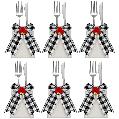 12 Pieces Christmas Silverware Holder Burlap Utensil Holder Xmas Tableware Holder Buffalo Plaid Cutlery Fork Bag for Christmas Party Dinner Tableware Decoration (Black and White)