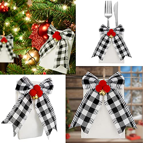 12 Pieces Christmas Silverware Holder Burlap Utensil Holder Xmas Tableware Holder Buffalo Plaid Cutlery Fork Bag for Christmas Party Dinner Tableware Decoration (Black and White)