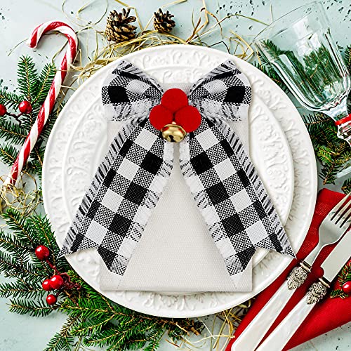 12 Pieces Christmas Silverware Holder Burlap Utensil Holder Xmas Tableware Holder Buffalo Plaid Cutlery Fork Bag for Christmas Party Dinner Tableware Decoration (Black and White)