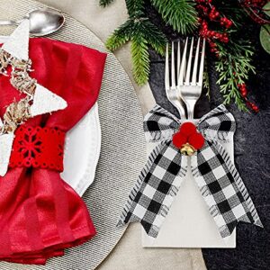 12 Pieces Christmas Silverware Holder Burlap Utensil Holder Xmas Tableware Holder Buffalo Plaid Cutlery Fork Bag for Christmas Party Dinner Tableware Decoration (Black and White)