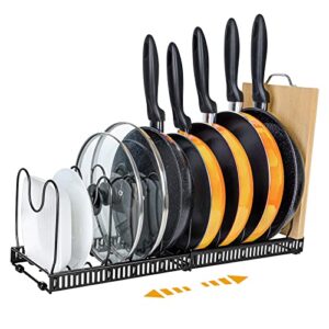 expandable pots and pans organizer rack for cabinet【updated】10 dividers, adjustable pot pan lid holder, multi-functional frying pan drying rack, cutting board holder rack(black)